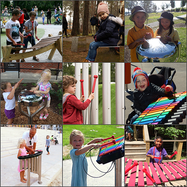 A collage of nine images of children playing outdoor musical instruments in different locations across the world